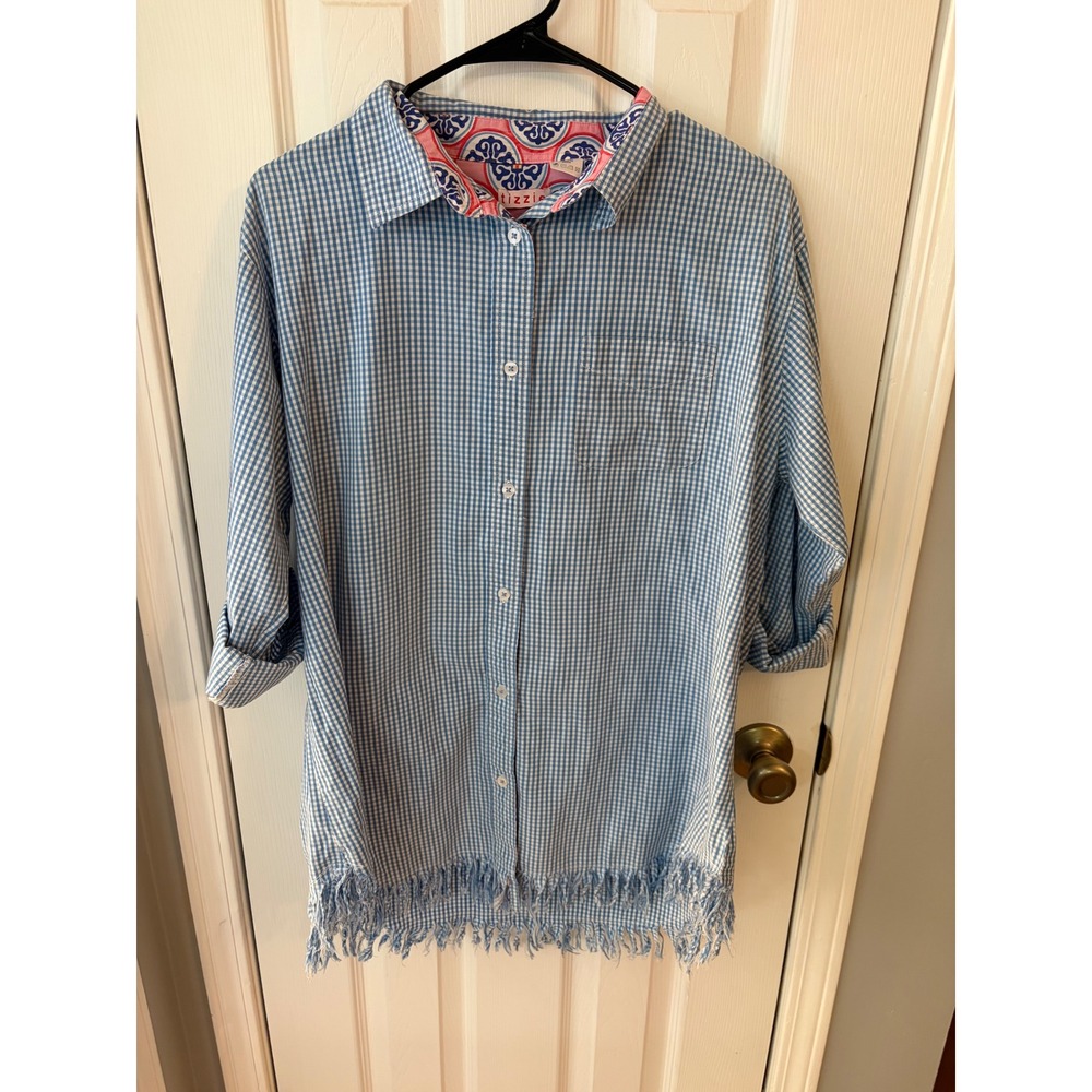 Tizzie Button Down Shirt Womens XL Blue Gingham Frayed Hem Preppy Cotton Tunic